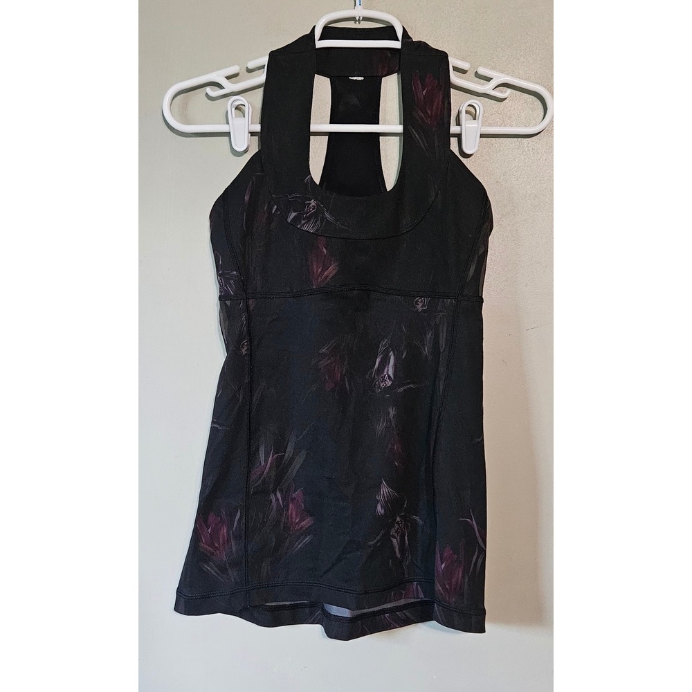 Lululemon Floral Racerback Tank Top with Built-in Shelf Bra Black Purple Womens